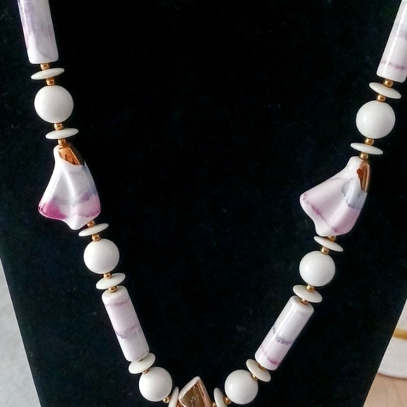 Vintage Hand Painted Ceramic Pendant  Necklace with Acrylic Gold Bead Accents - Picture 3 of 12